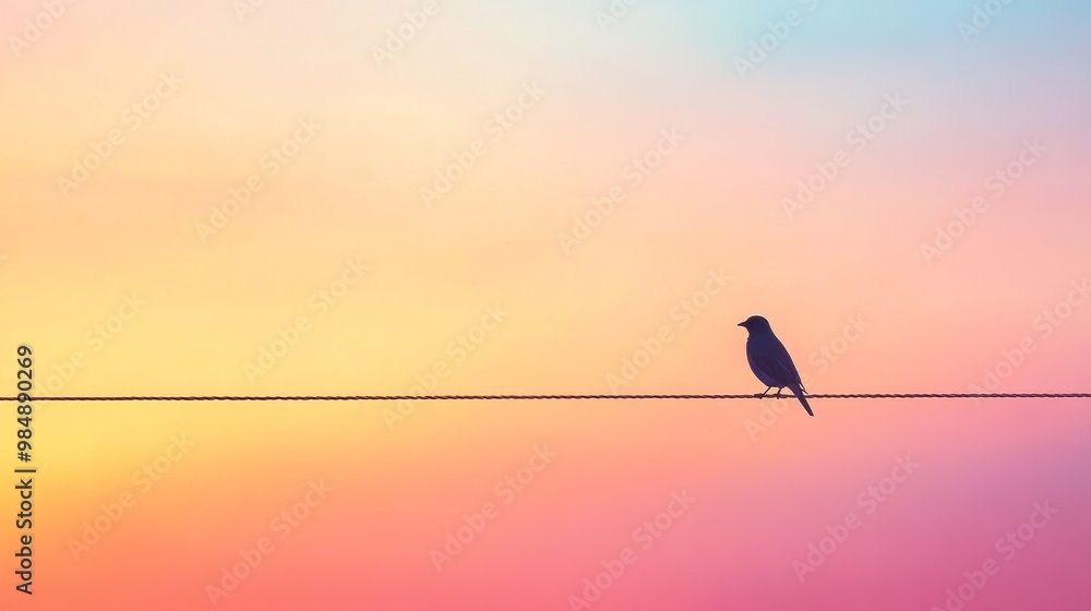 A solitary bird perched on a wire against a pastel sunset A solitary bird perched on a wire against a pastel sunset