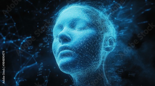 A blue and white wireframe digital human head with eyes closed against a dark blue background with connecting lines, dots and numbers.