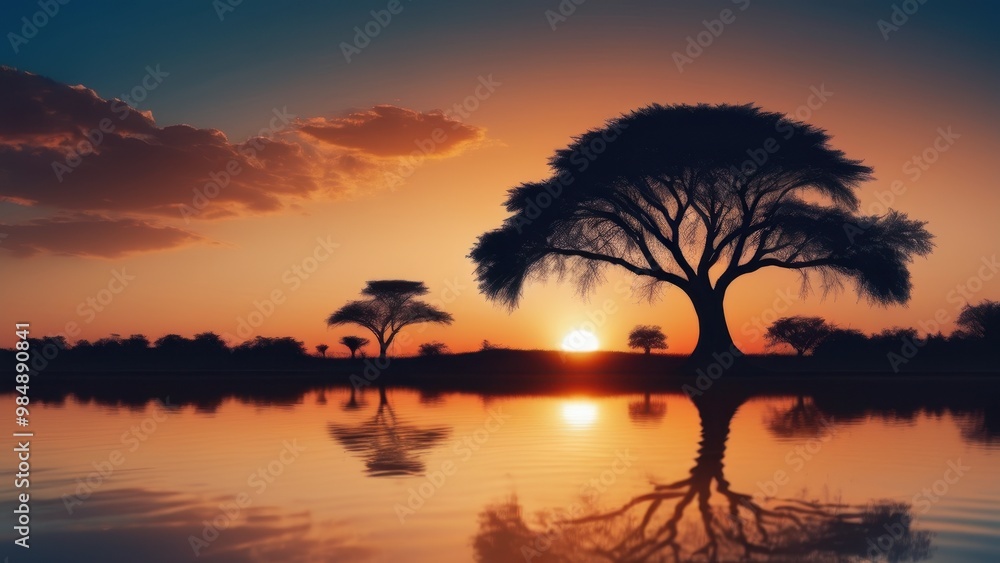 A serene sunset over a calm lake, framed by silhouetted trees and a colorful sky. A serene sunset over a calm lake, framed by silhouetted trees and a colorful sky.