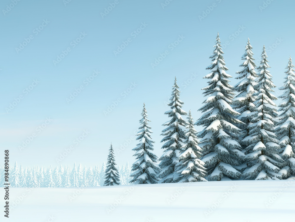 Snow covered pine trees under clear winter sky create serene and tranquil landscape. beauty of nature is highlighted in this peaceful winter scene Snow covered pine trees under clear winter sky create serene and tranquil landscape. beauty of nature is highlighted in this peaceful winter scene