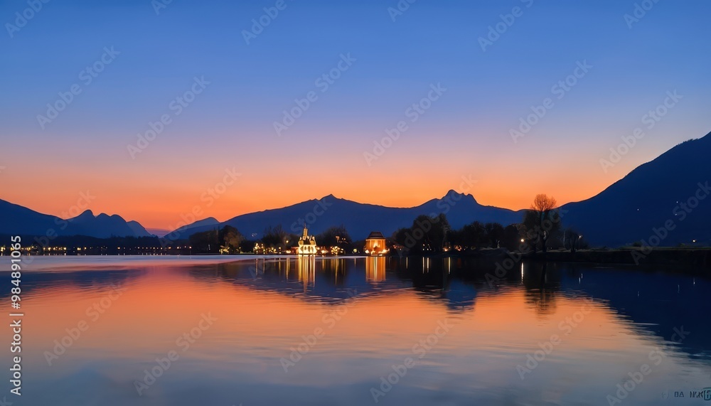 A serene sunset over a lake, reflecting mountains and a quaint village, creating a tranquil atmosphere. A serene sunset over a lake, reflecting mountains and a quaint village, creating a tranquil atmosphere.
