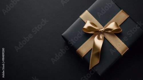 Black gift box with gold ribbon on black background, copy space.Flat lay.