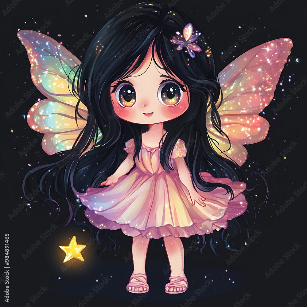 Cute anime fairy girl with butterfly wings and a star on black background. Cute anime fairy girl with butterfly wings and a star on black background.
