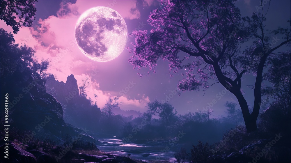 violet moon over the river with pink trees, peacefulness, lofi music background violet moon over the river with pink trees, peacefulness, lofi music background