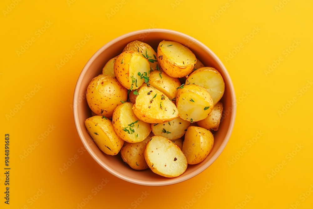 Overhead view of a bowl of yellow potatoes on a yellow background. Overhead view of a bowl of yellow potatoes on a yellow background.