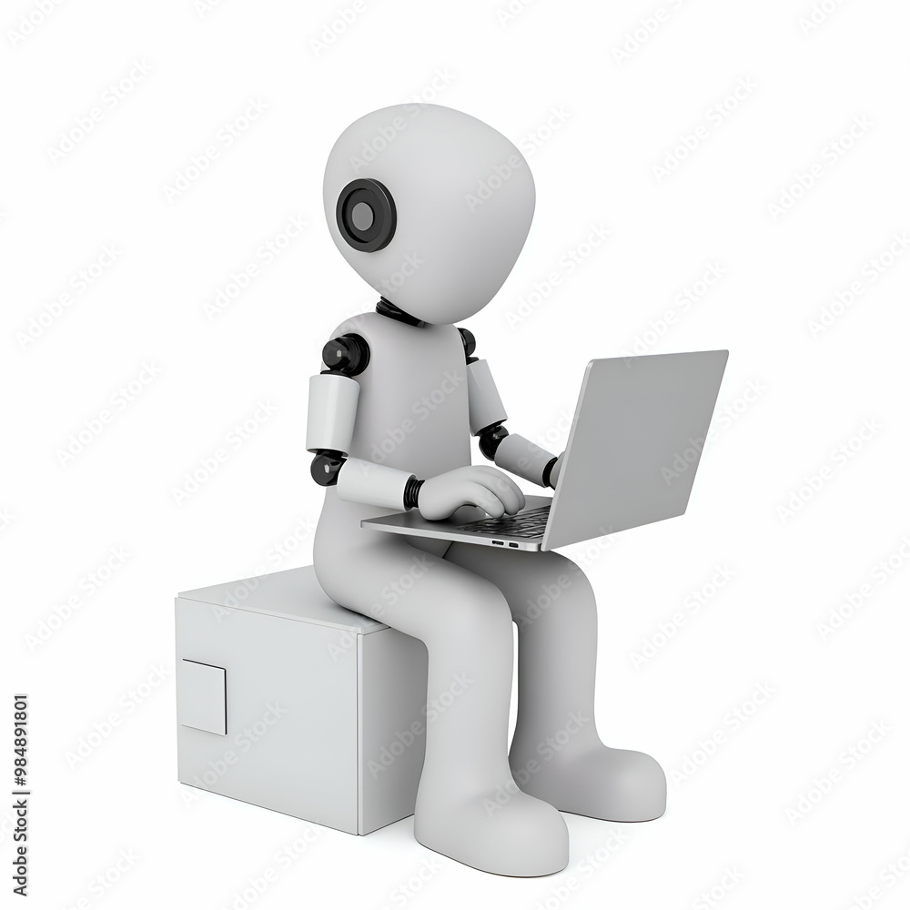 funny white robot using laptop isolated on white background funny white robot using laptop isolated on white background