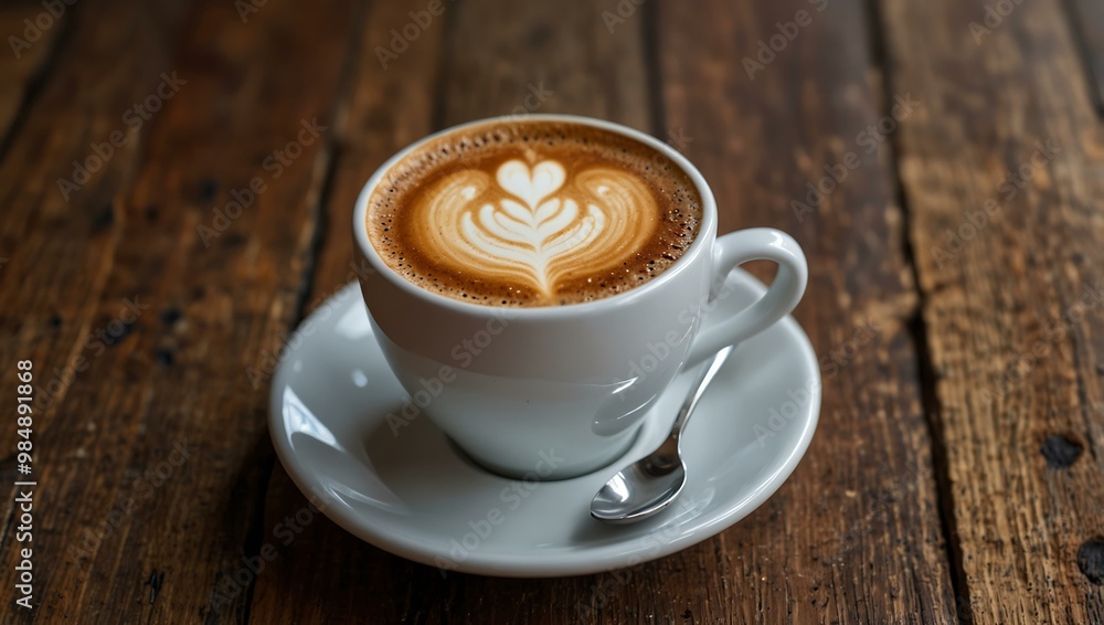 White ceramic coffee cup with cappuccino on a wooden table. White ceramic coffee cup with cappuccino on a wooden table.