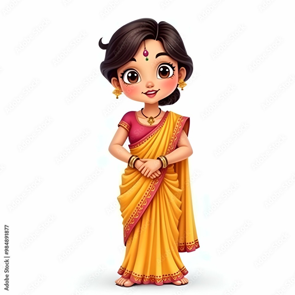 Indian cartoon woman in yellow traditional saree isolated on white background,woman wearing traditional saree for festival or wedding Indian cartoon woman in yellow traditional saree isolated on white background,woman wearing traditional saree for festival or wedding