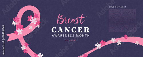 Banner dedicated to Breast cancer awareness month in October. Modern design with pink hand drawn ribbon and flowers. Medical symbol of the fight against cancer. Vector illustration.