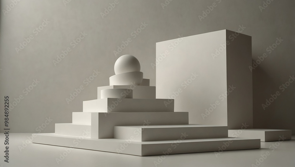 White podium with round and square shapes against a soft light background White podium with round and square shapes against a soft light background