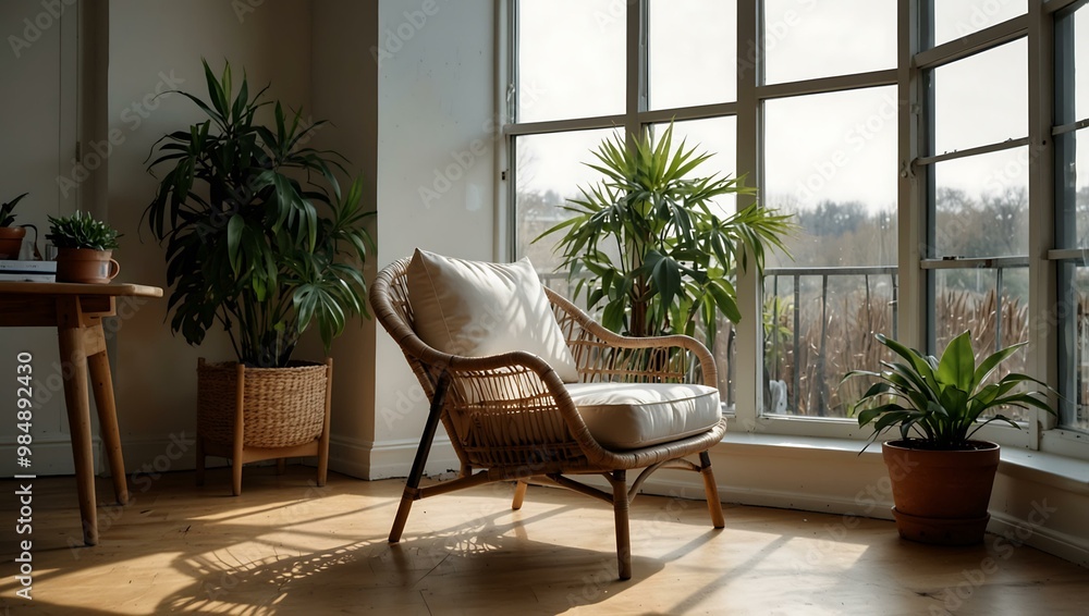 Wicker chair by a window in a sunny room with indoor plants. Wicker chair by a window in a sunny room with indoor plants.