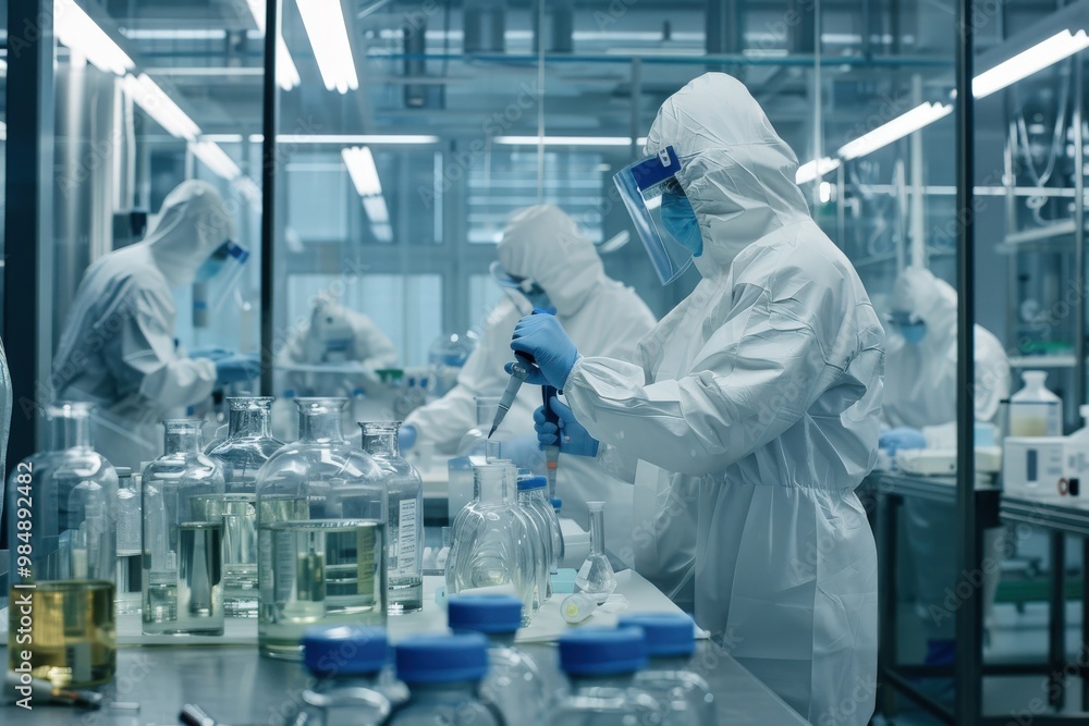 Three scientists in white lab coats are working in a lab, generative ai image Three scientists in white lab coats are working in a lab, generative ai image