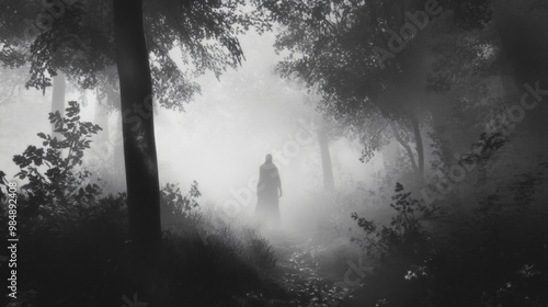 A ghostly figure wandering through a misty forest, its form barely visible through the fog.