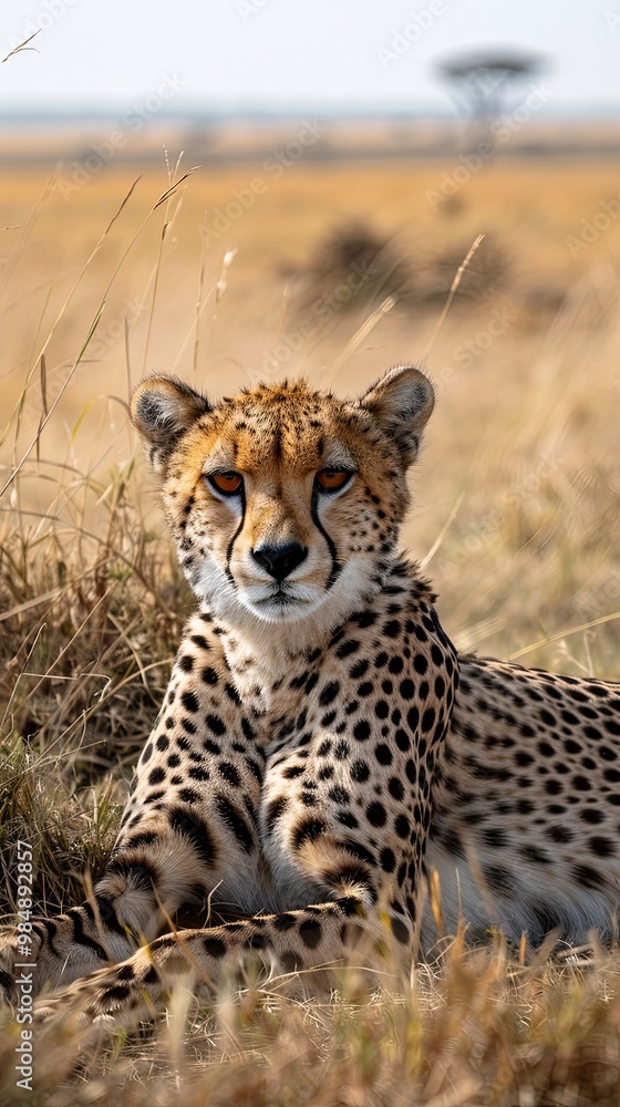 A cheetah relaxes in the golden tall grass of a savannah, its spotted fur blending with the dry landscape. A cheetah relaxes in the golden tall grass of a savannah, its spotted fur blending with the dry landscape.