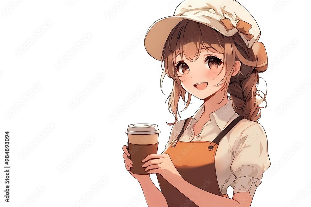 Cute Anime Girl with Brown Hair Holding Coffee in Cafe Apron Cute Anime Girl with Brown Hair Holding Coffee in Cafe Apron