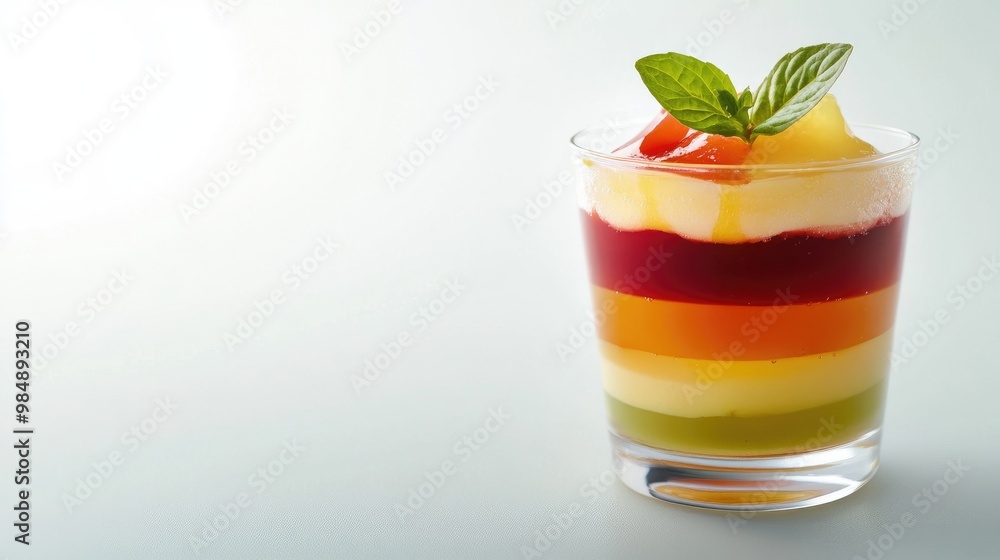 An elegant image of a layered jelly dessert in a clear glass, featuring multiple colors and textures, with a focus on the clean, crisp presentation against a white backdrop. An elegant image of a layered jelly dessert in a clear glass, featuring multiple colors and textures, with a focus on the clean, crisp presentation against a white backdrop.