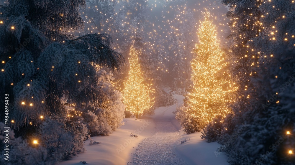 A winter wonderland scene with snow-covered trees and a sparkling light display. A winter wonderland scene with snow-covered trees and a sparkling light display.