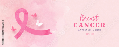 Banner dedicated to Breast cancer awareness month in October. Modern design with watercolor pink ribbon and paper butterflies. Medical symbol of the fight against cancer. Vector illustration.