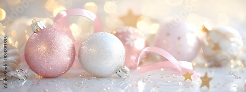 White background, golden and pink glittery ornaments with ribbons and stars scattered around, shiny white ceramic surfac photo