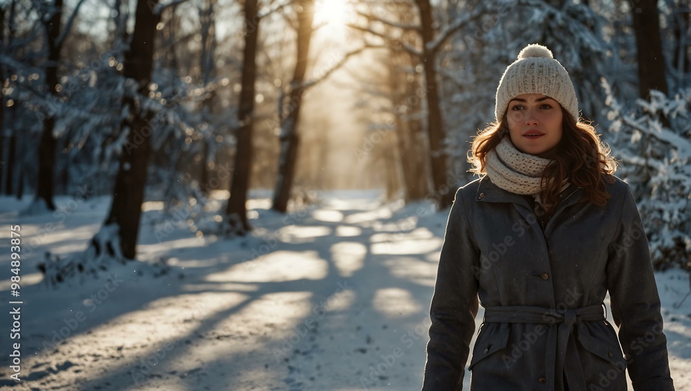 Woman in winter clothing walking toward sunlight shining through snowy trees. Woman in winter clothing walking toward sunlight shining through snowy trees.