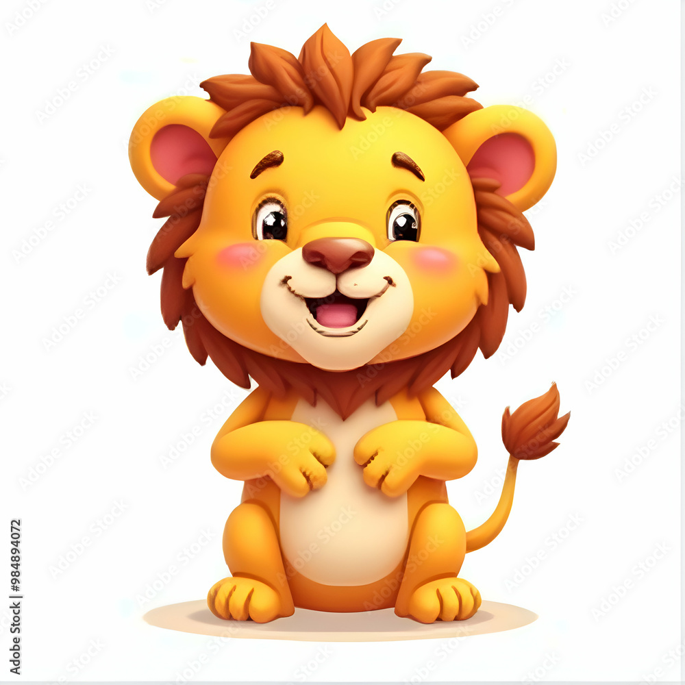 Obraz premium Cute Cartoon Lion Cub Sitting and Smiling on white background