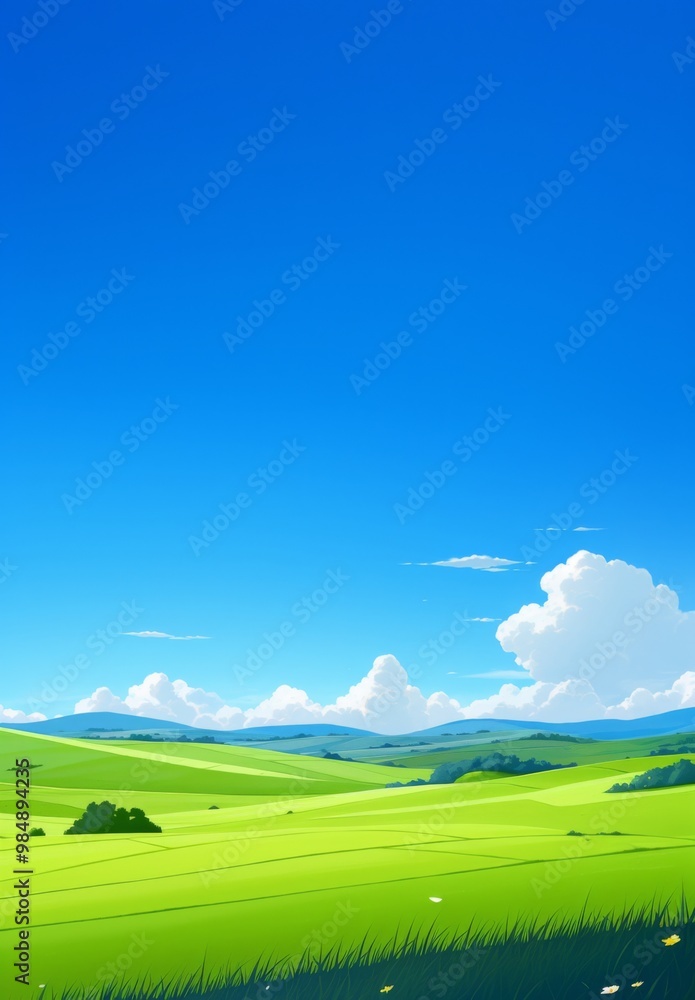 Obraz premium Beautiful Anime Background of Blue Sky, White Clouds, and Green Fields with a Distant Small House, Evoking a Sense of Fresh Breeze and Clear Air.
