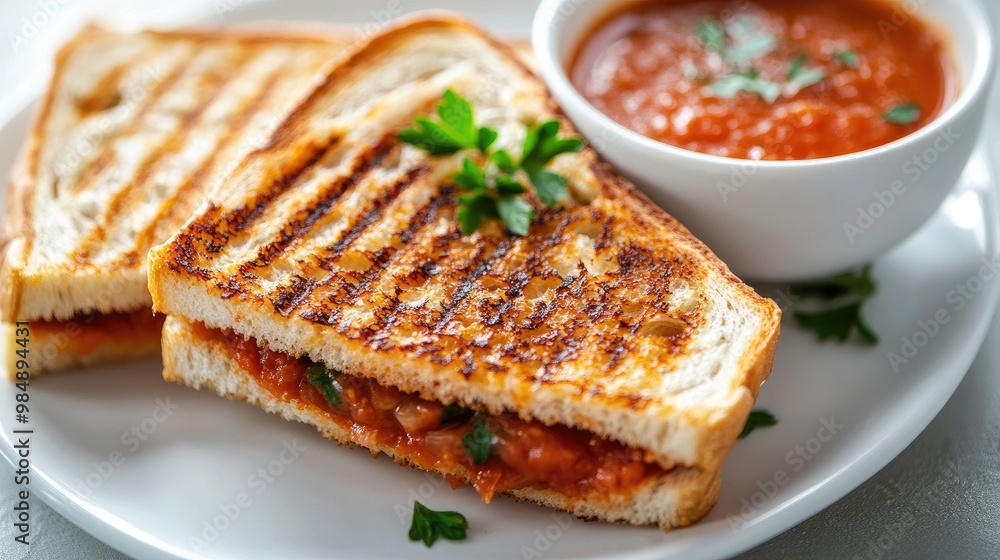 An elegant shot of a toasted sandwich with a side of tomato soup, highlighting the crispy texture of the bread and the hearty filling, with a clean white backdrop. An elegant shot of a toasted sandwich with a side of tomato soup, highlighting the crispy texture of the bread and the hearty filling, with a clean white backdrop.