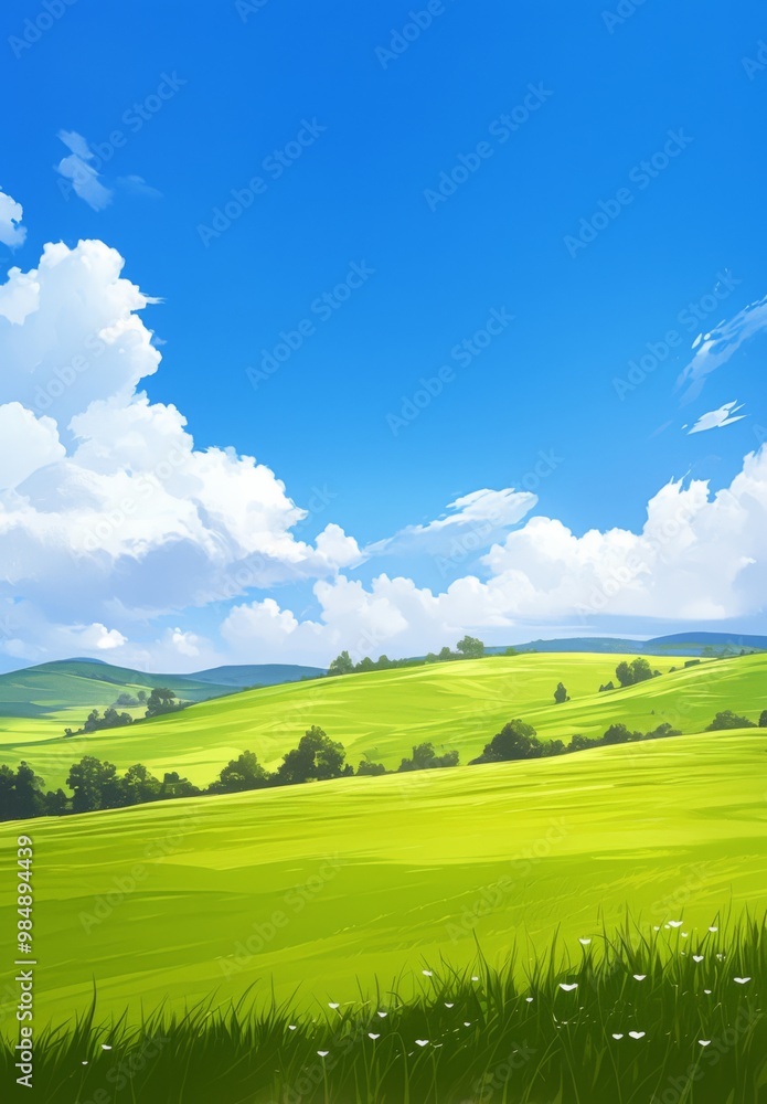 Obraz premium Beautiful Anime Background of Blue Sky, White Clouds, and Green Fields with a Distant Small House, Evoking a Sense of Fresh Breeze and Clear Air.
