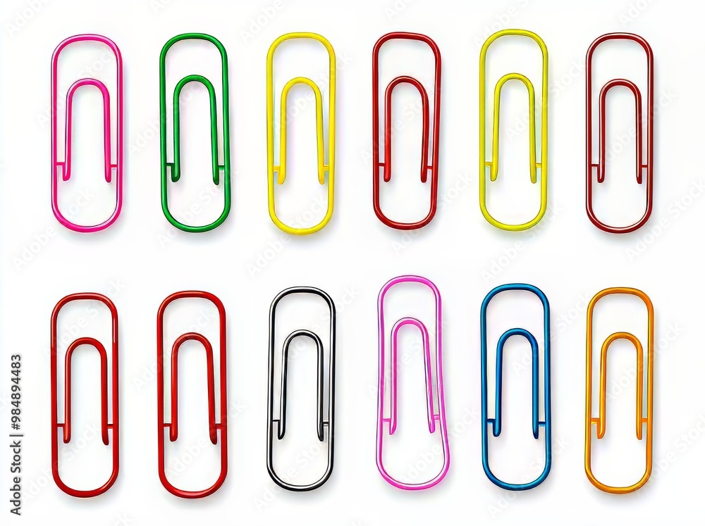 Colorful paper clips arranged in a grid pattern on a light background. Colorful paper clips arranged in a grid pattern on a light background.