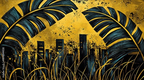 Dark tropical leaves arch over a bold yellow background, framing a city skyline. The contrasting colors and abstract splatter effects create a dynamic fusion of urban and natural elements. AI generati photo