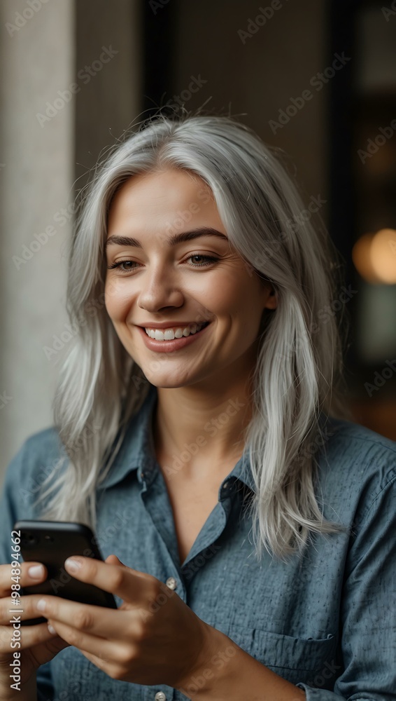 Woman with gray hair smiling while using her phone. Woman with gray hair smiling while using her phone.