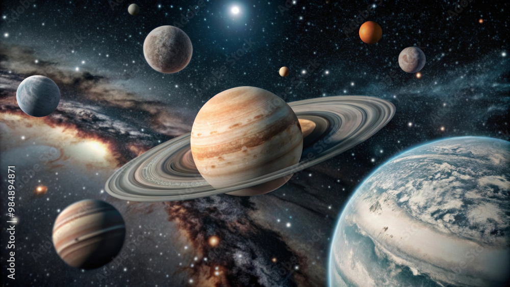 A stunning cosmic scene featuring planets in vast galaxy, showcasing Saturn with its iconic rings, surrounded by other celestial bodies. beauty of universe captivates imagination A stunning cosmic scene featuring planets in vast galaxy, showcasing Saturn with its iconic rings, surrounded by other celestial bodies. beauty of universe captivates imagination