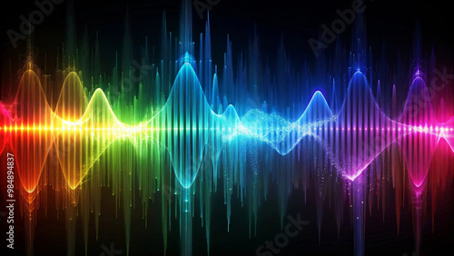 Vibrant sound waveforms in spectrum of colors create dynamic visual representation of audio. This colorful display evokes energy and creativity, perfect for music and technology themes