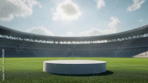 Cylindric podium on an arena world football stadium green field stadium photo