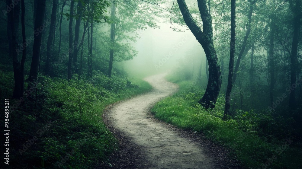 Obraz premium An isolated path winding through a foggy woodland