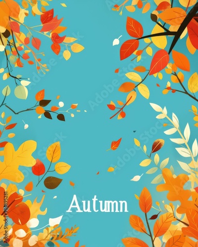 Vibrant Autumn Cover: Light Blue Background with Orange and Yellow Leaves and "Autumn" Text.