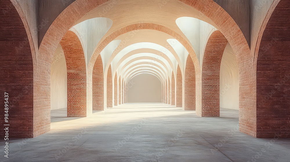 Beautiful corridor of arches with warm brick and soft natural light, creating a symmetrical and serene architectural space. Beautiful corridor of arches with warm brick and soft natural light, creating a symmetrical and serene architectural space.