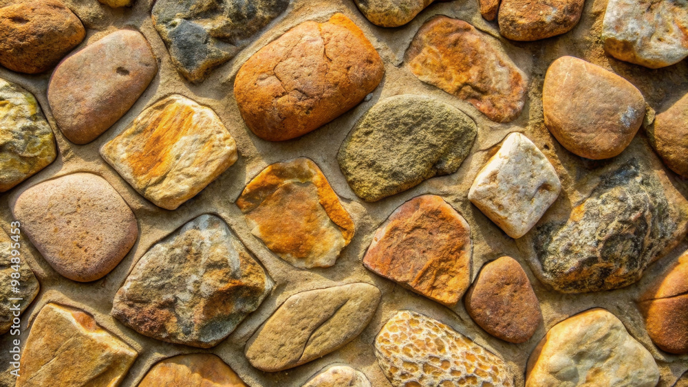 Textured stone surface featuring various shapes and colors, showcasing earthy tones and natural patterns. This image evokes sense of rustic charm and durability Textured stone surface featuring various shapes and colors, showcasing earthy tones and natural patterns. This image evokes sense of rustic charm and durability