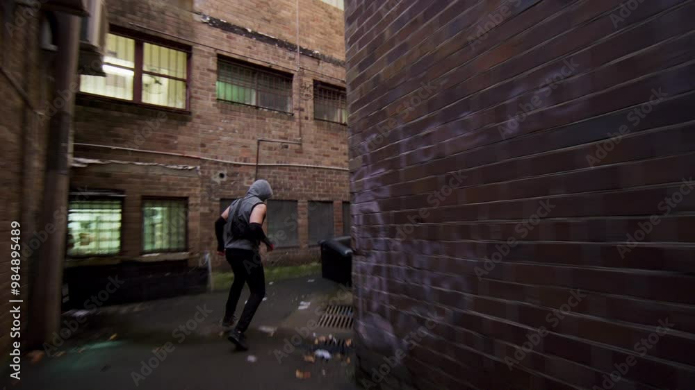 Man giving thumbs up to camera and running through alleyway - steady cam Man giving thumbs up to camera and running through alleyway - steady cam