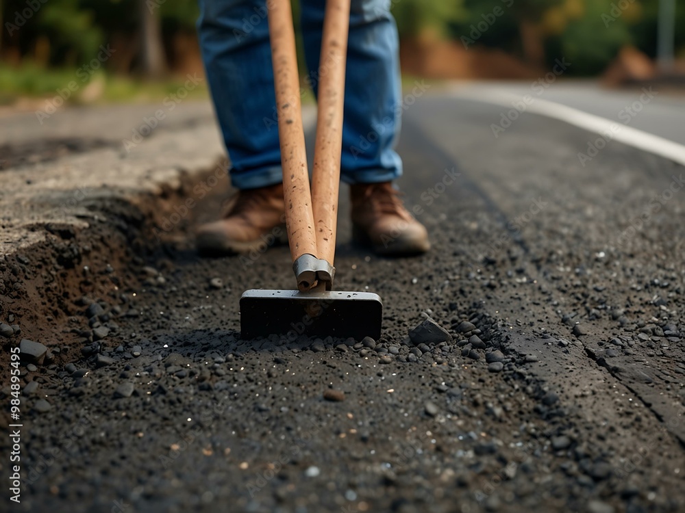Worker leveling asphalt with a hand tool during road construction. Worker leveling asphalt with a hand tool during road construction.