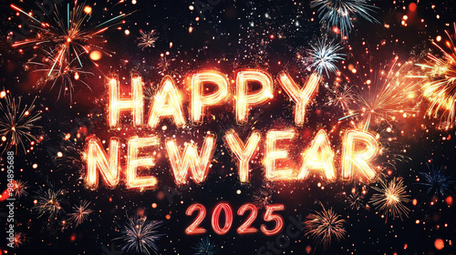 Numbers of year 2025 and Happy New Year in firework background. Festive New Year Eve background greeting card design