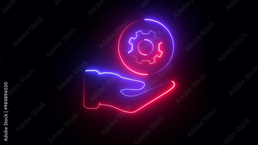 Neon Settings and Support Icon Vector, Glowing Orange Hand with Gears for Technical Assistance and Configuration Design, Technology setting icon Neon Settings and Support Icon Vector, Glowing Orange Hand with Gears for Technical Assistance and Configuration Design, Technology setting icon