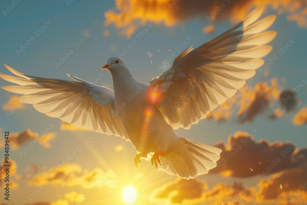 Fototapeta premium Dove flying with wings open in front of the sun.
