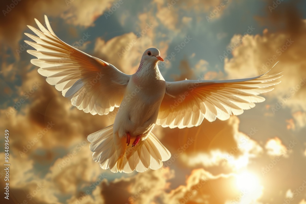 Dove flying with wings open in front of the sun. Dove flying with wings open in front of the sun.