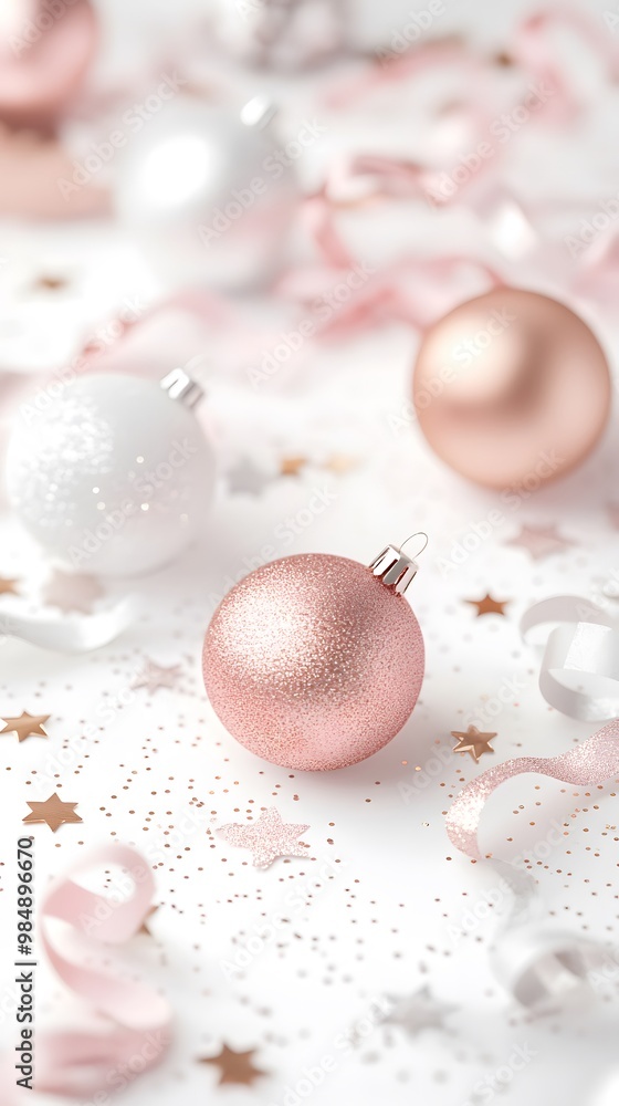 White background, golden and pink glittery ornaments with ribbons and stars scattered around, shiny white ceramic surfac White background, golden and pink glittery ornaments with ribbons and stars scattered around, shiny white ceramic surfac