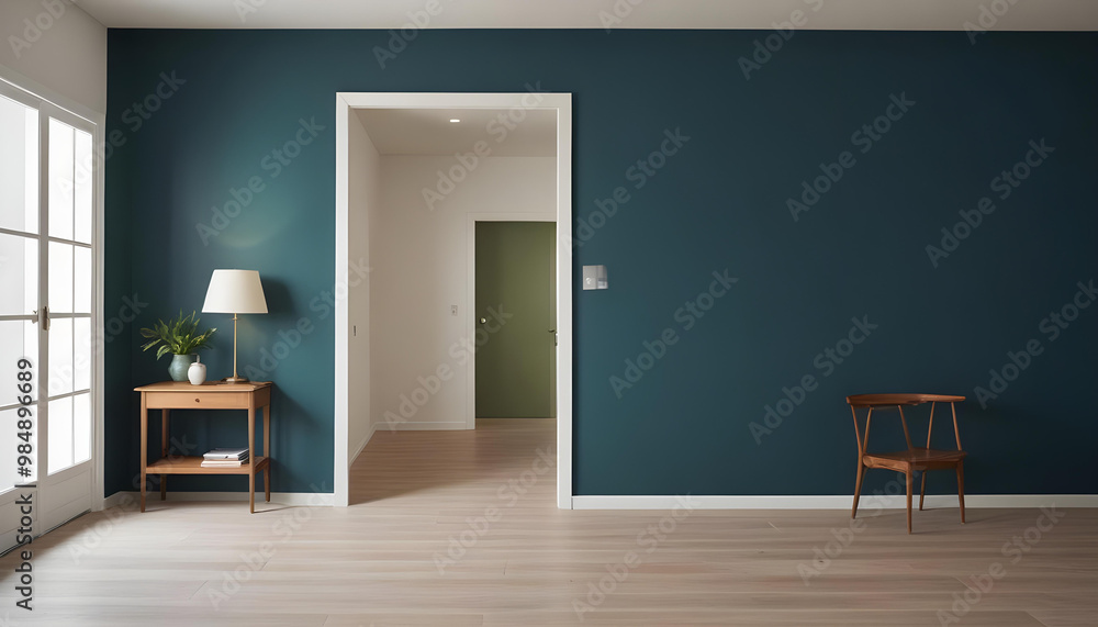 Fototapeta premium Simple and elegant living room featuring wooden furniture, dark accent walls, and soft lighting, emphasizing a minimalist interior design. 