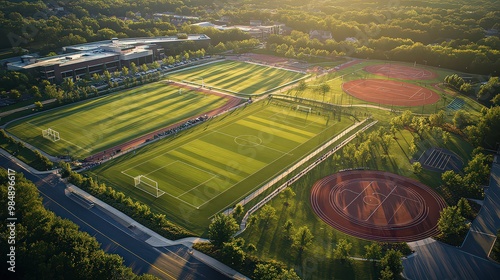  Aerial view of sports complex with multiple fields, including soccer, baseball, and running tracks, surrounded by trees and bathed in sunlight.