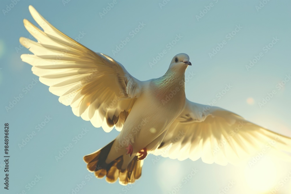 Dove flying with wings open in front of the sun. Dove flying with wings open in front of the sun.