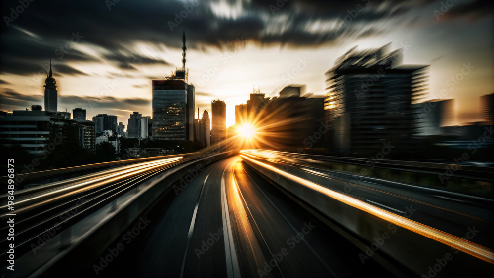 A stunning sunset over bustling city skyline, with vibrant colors illuminating buildings and sense of motion captured in foreground. scene evokes feeling of energy and transition A stunning sunset over bustling city skyline, with vibrant colors illuminating buildings and sense of motion captured in foreground. scene evokes feeling of energy and transition
