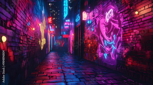Fototapeta Naklejka Na Ścianę i Meble -  Urban graffiti on a brick wall blending street art with 3d illusions of a futuristic cityscape neon lights. Graffiti Alley. Illustration